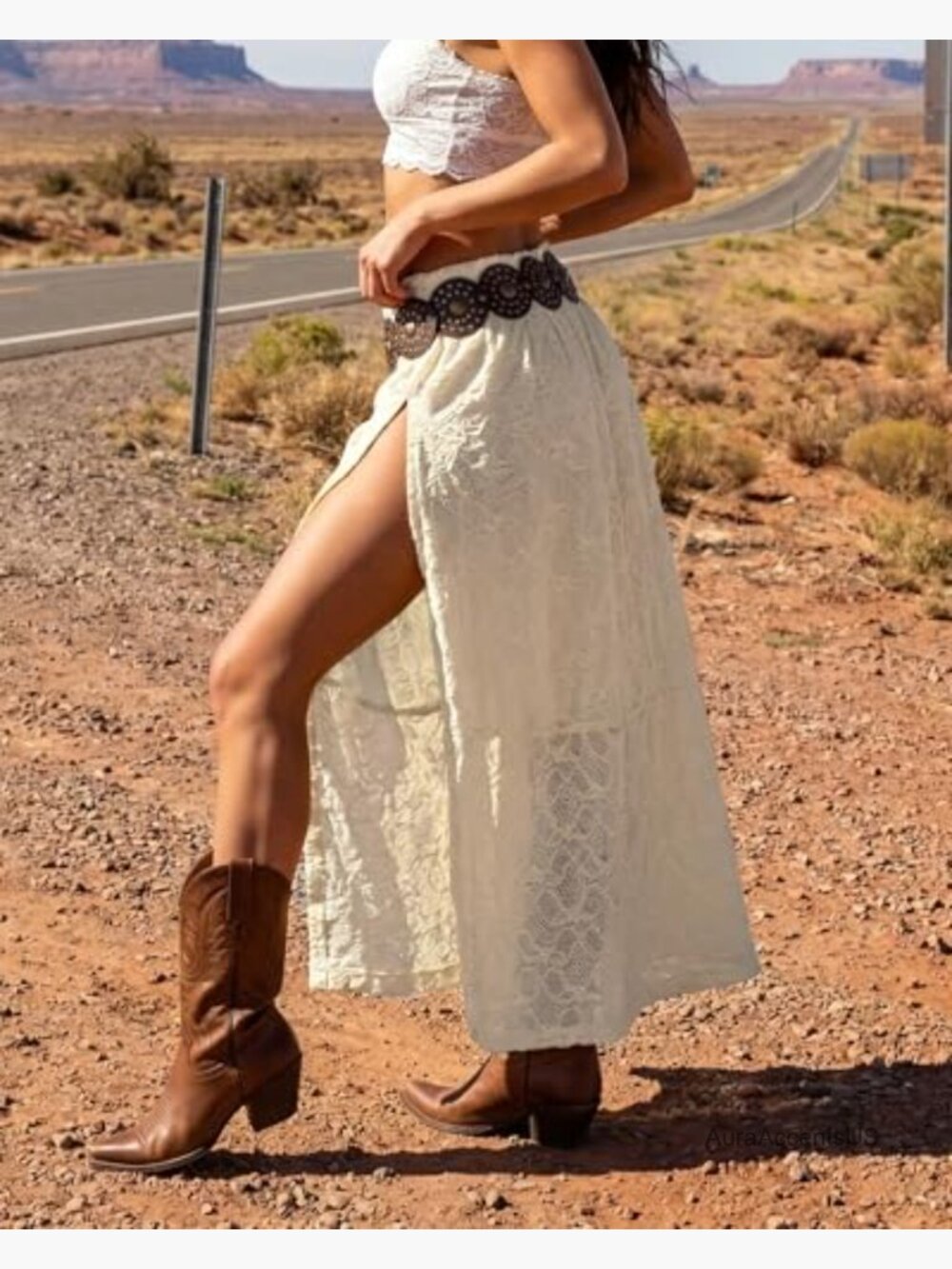 Boho Lace Maxi Skirt High Slit Ruffle Cowgirl Country Concert Outfit - Picture 5 of 7